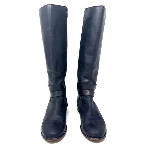 Frye Christie Tall Riding Boots Womens Sz 7.5 Black Leather 2 Buckles Equestrian - Picture 4 of 16